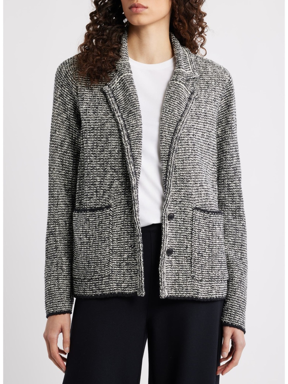 Eileen Fisher Organic Cotton Blend Tweed Jacket Blazer Black White PS NWOT